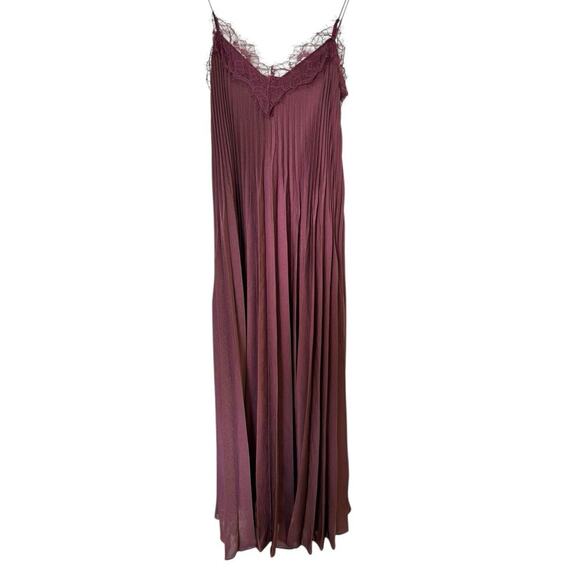 Vince Womans Pleated Midi Dress V-Neck XXS Deep Burgundy Lace Trim sleeveless - Picture 1 of 12